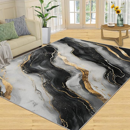 Abstract Low Pile Washable Area Rug – Modern Living Room Decor