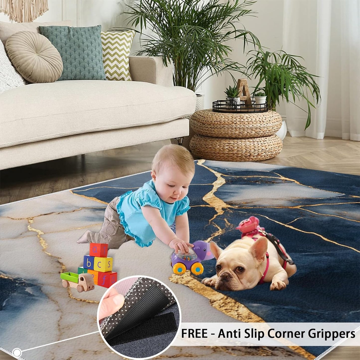 Abstract Low Pile Washable Area Rug – Modern Living Room Decor