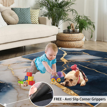 Abstract Low Pile Washable Area Rug – Modern Living Room Decor